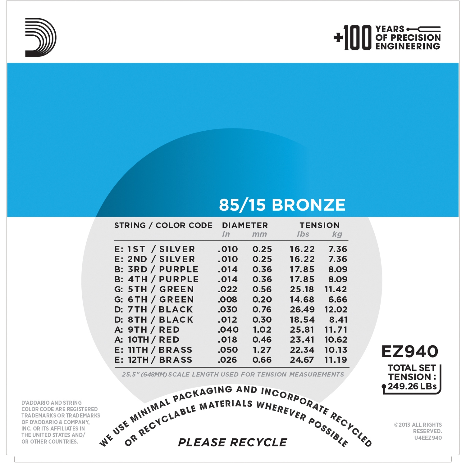 D'ADDARIO EZ940 -   12- ,  85/15, Light 10-50