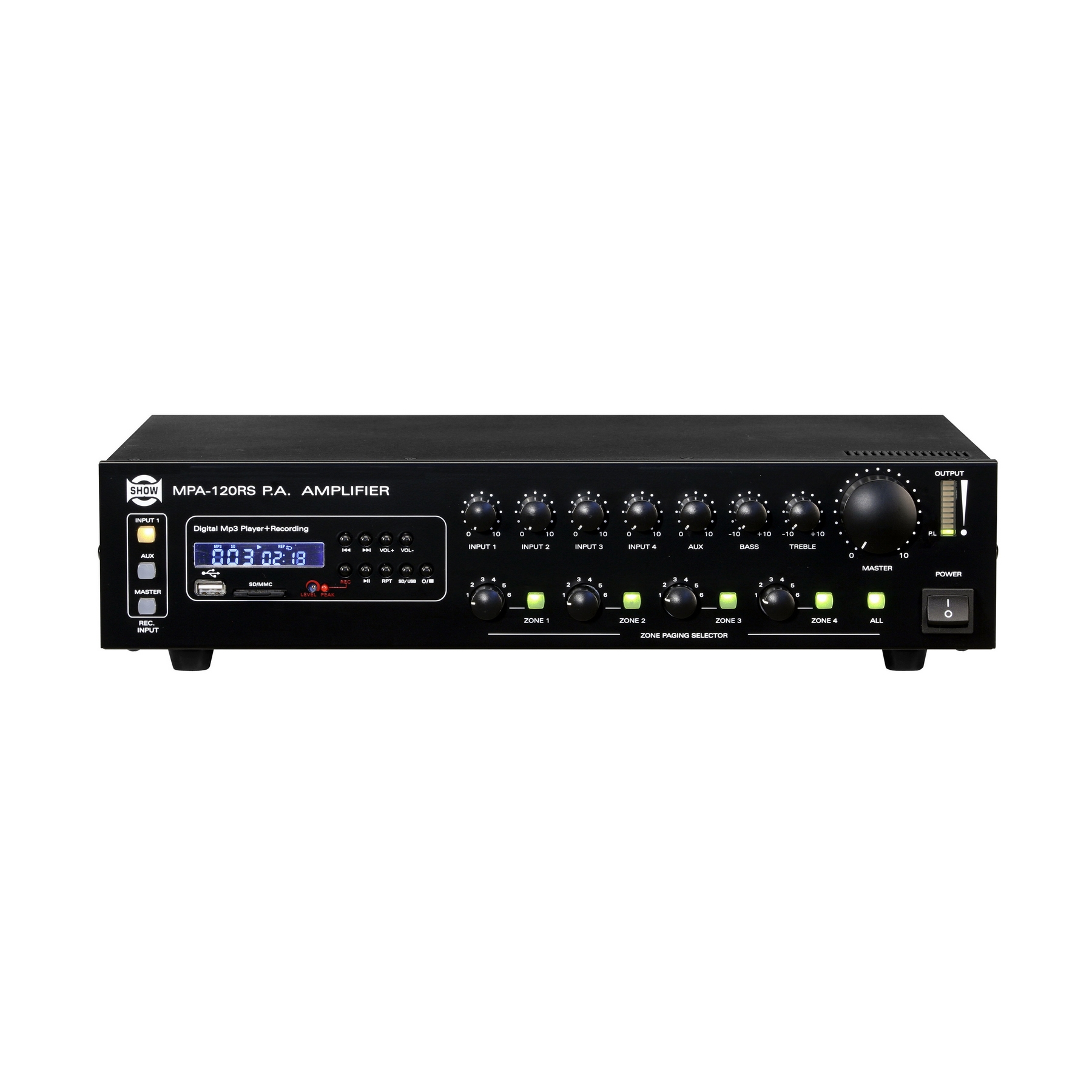 SHOW MPA-120RS - трансляц. система 120Вт,DC24В,25/70/100В, MP3-плеер,4micline+aux, 4 зоны