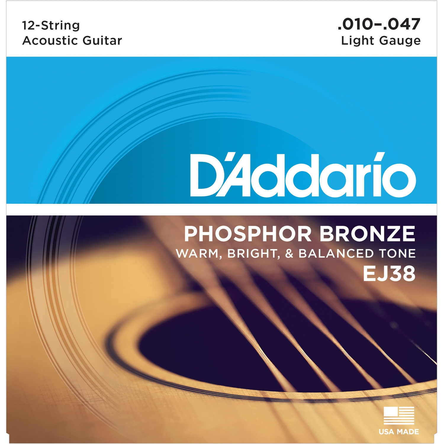 D'ADDARIO EJ38 - струны для 12-струнной гитары, с обмоткой из фосфорной бронзы, Light 10-47